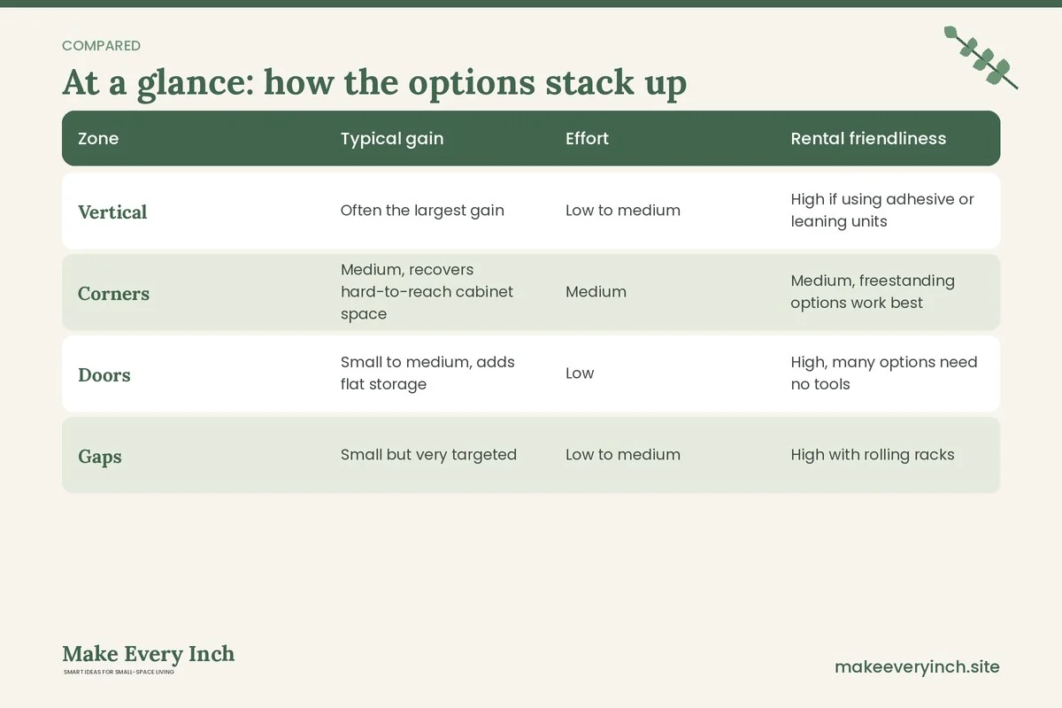 Comparison table of options for: Small Kitchen Ideas That Maximize Every Inch (Zone, Typical gain, Effort, Rental friendliness)