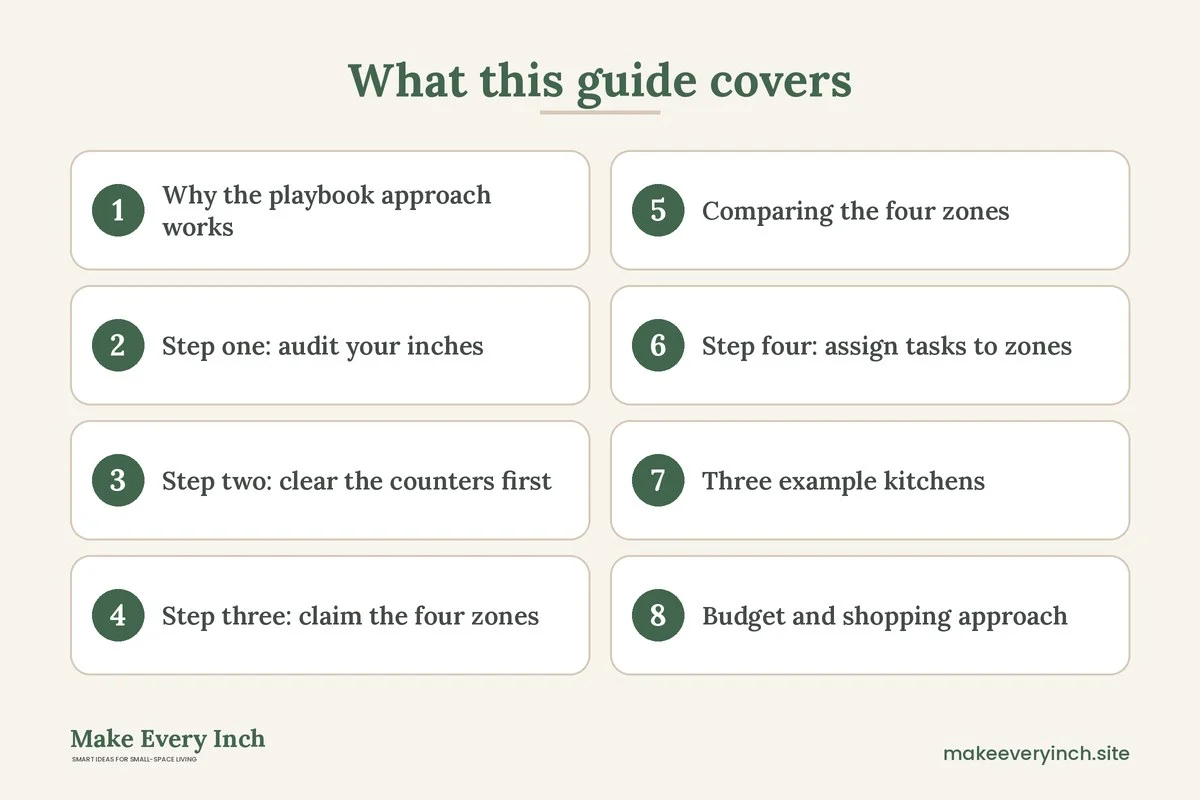 Graphic listing 8 topics covered in: Small Kitchen Ideas That Maximize Every Inch