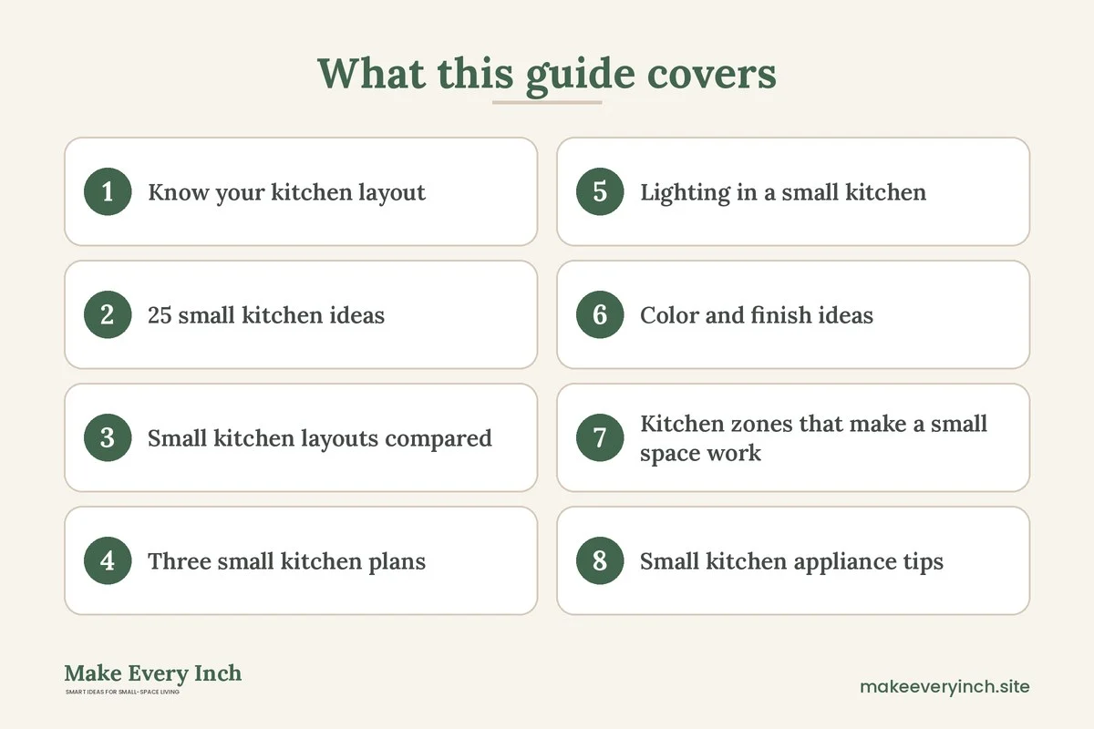Graphic listing 8 topics covered in: 25 Small Kitchen Ideas That Make the Most of Every Inch