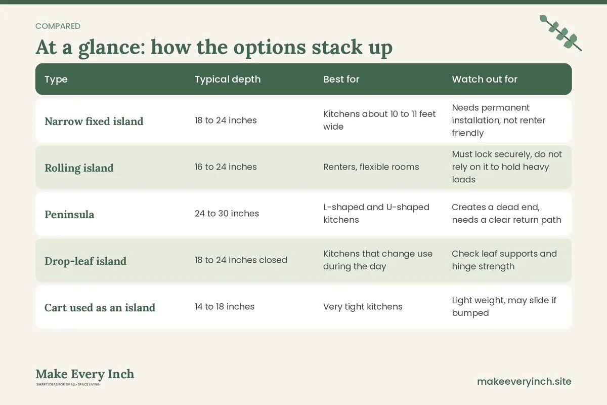 Comparison table of options for: Small Kitchen Ideas with an Island (Type, Typical depth, Best for, Watch out for)