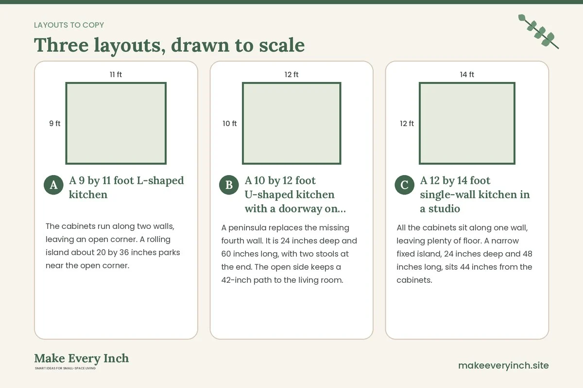 Three room layouts drawn to scale with dimensions and placement notes for: Small Kitchen Ideas with an Island