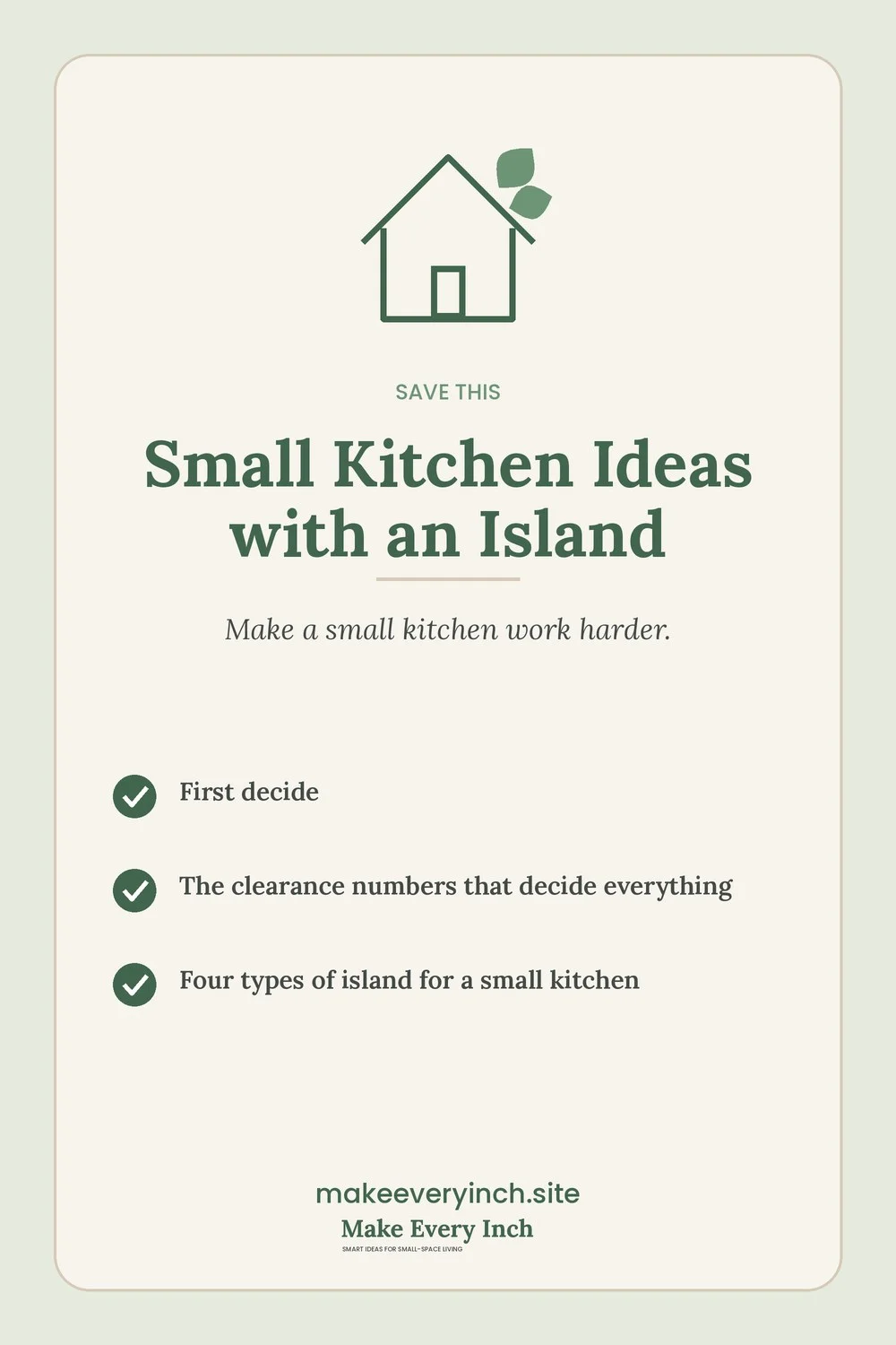Save-this Pinterest pin with a short checklist for: Small Kitchen Ideas with an Island