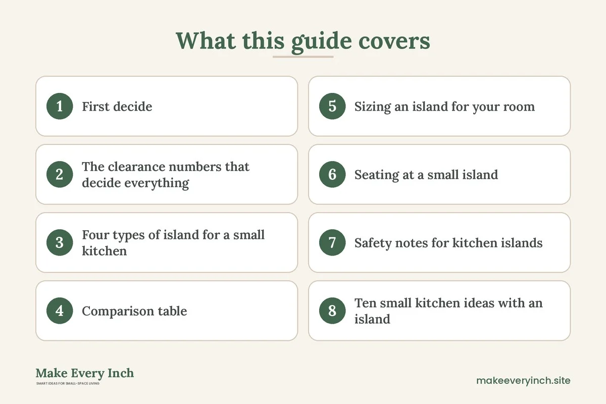 Graphic listing 8 topics covered in: Small Kitchen Ideas with an Island