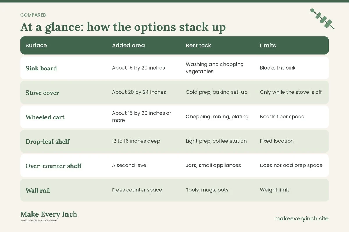 Comparison table of options for: Small Kitchen Ideas with Limited Counter Space (Surface, Added area, Best task, Limits)