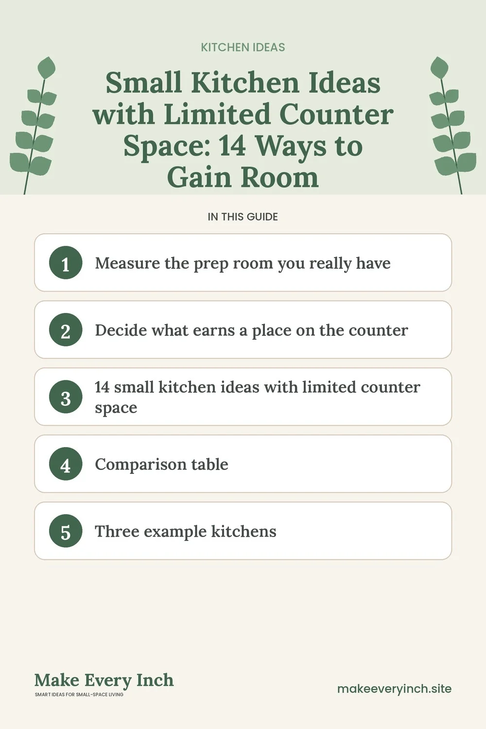 Pinterest pin listing the main topics in: Small Kitchen Ideas with Limited Counter Space