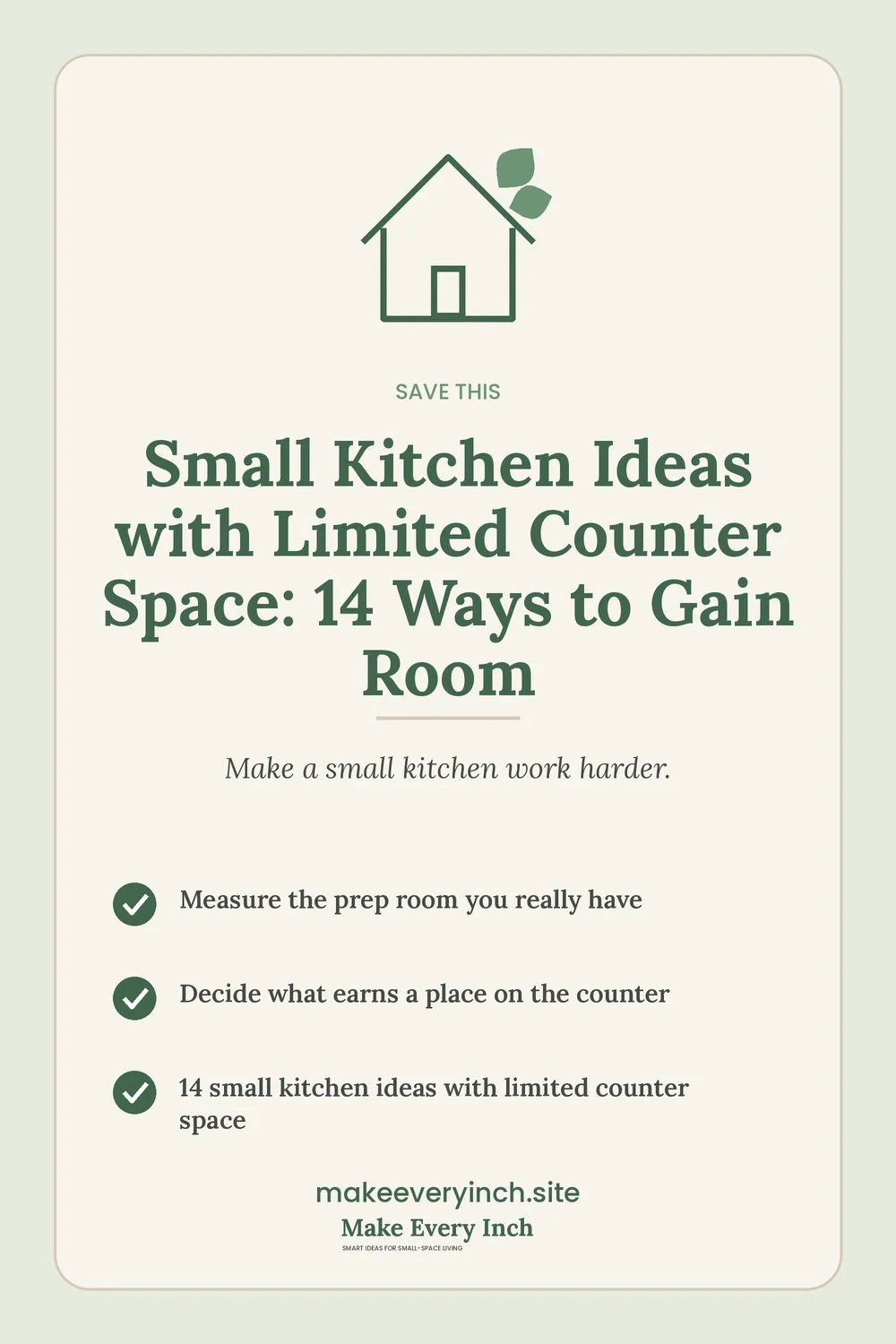 Save-this Pinterest pin with a short checklist for: Small Kitchen Ideas with Limited Counter Space