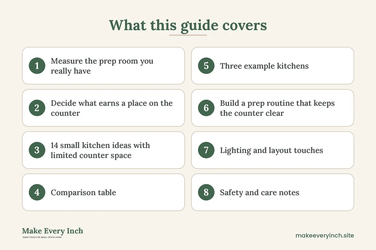 Graphic listing 8 topics covered in: Small Kitchen Ideas with Limited Counter Space