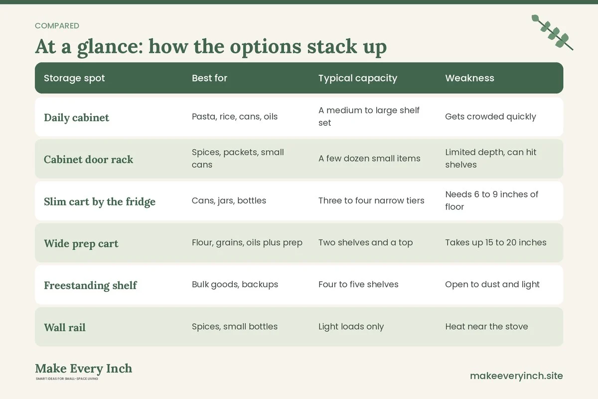 Comparison table of options for: Small Kitchen Ideas with No Pantry (Storage spot, Best for, Typical capacity, Weakness)