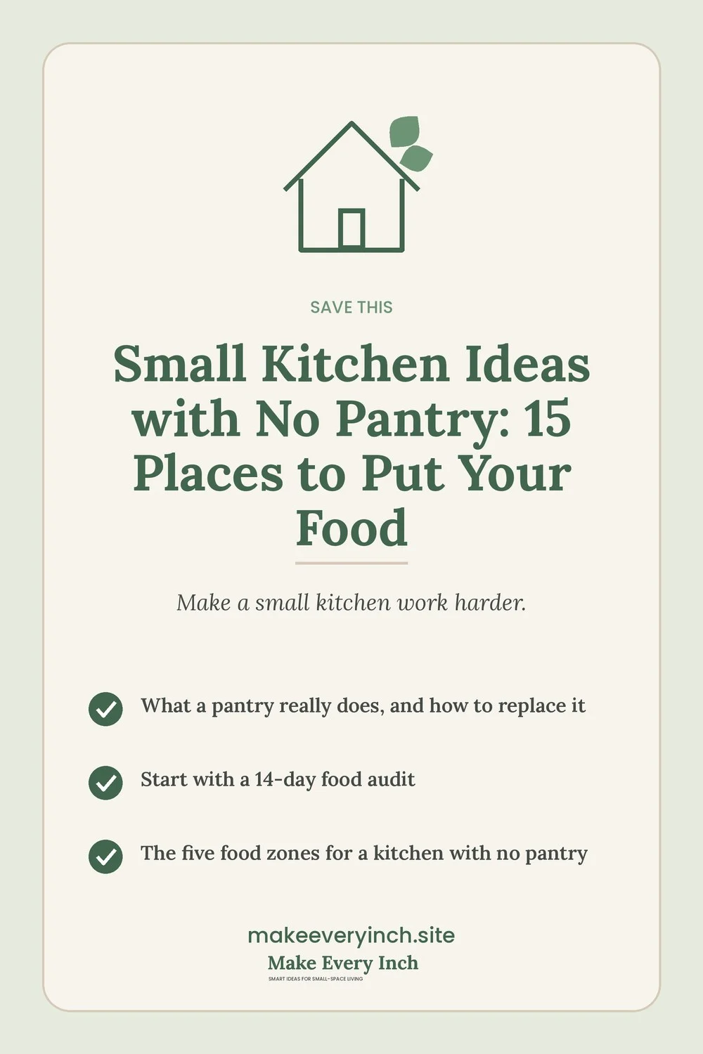 Save-this Pinterest pin with a short checklist for: Small Kitchen Ideas with No Pantry