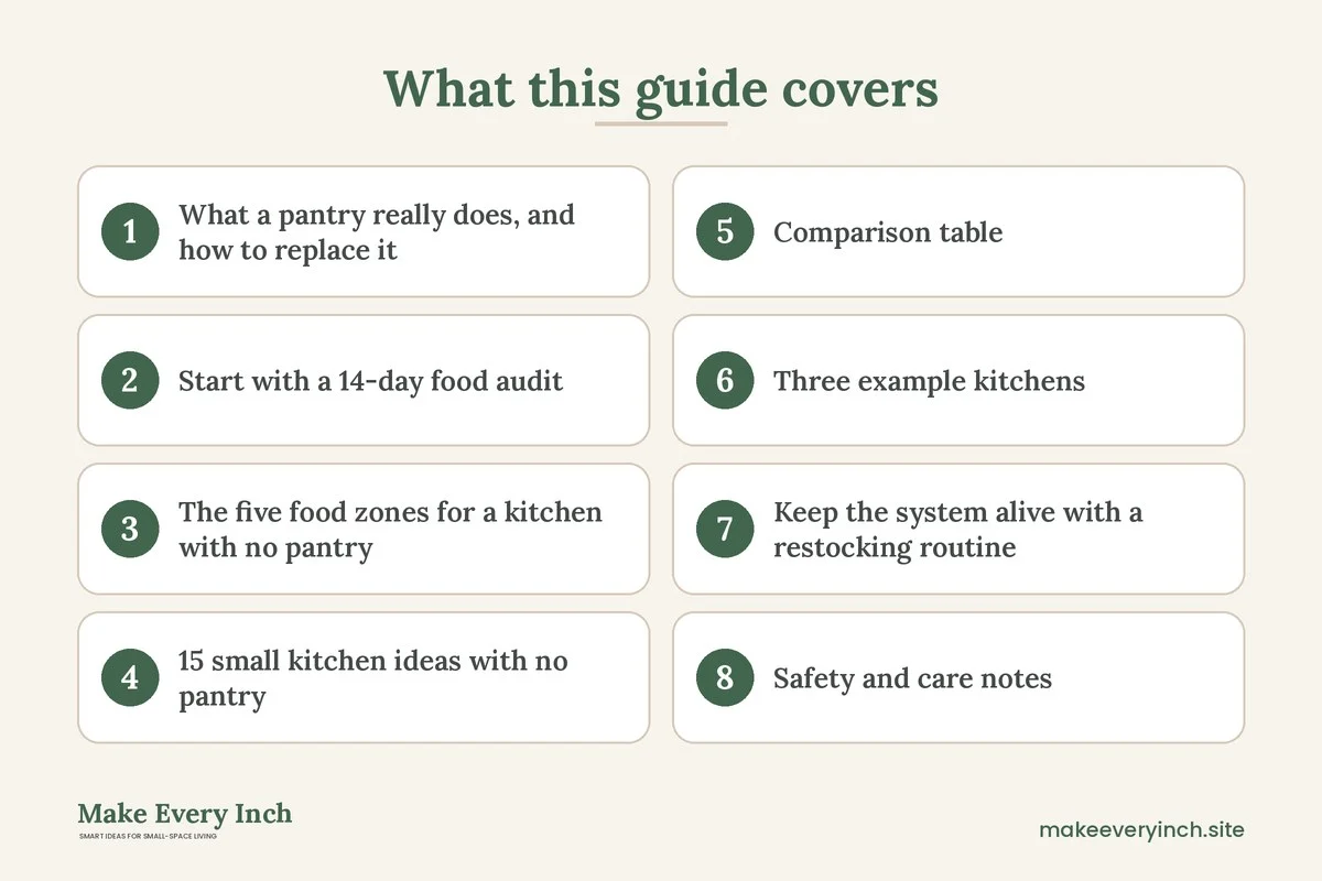 Graphic listing 8 topics covered in: Small Kitchen Ideas with No Pantry