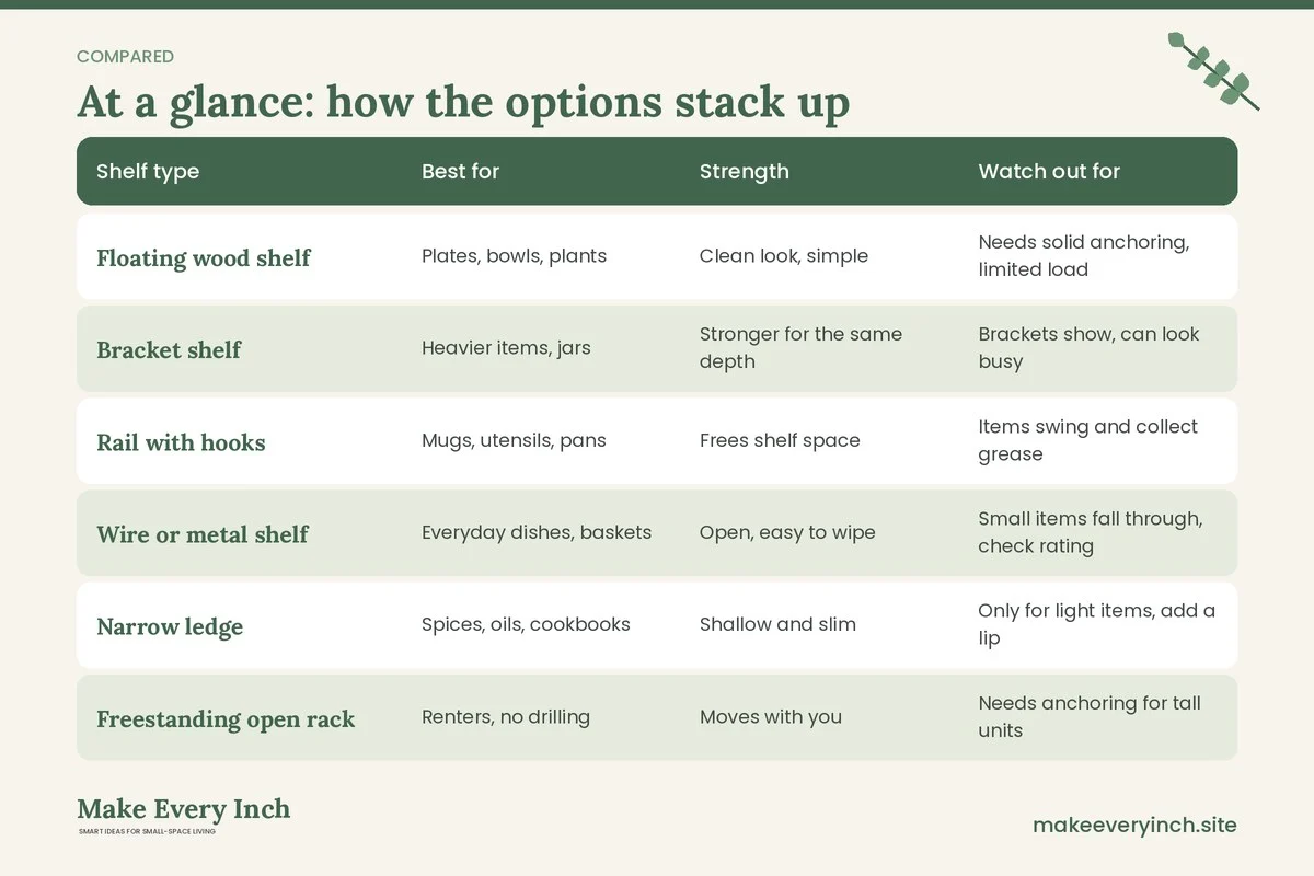 Comparison table of options for: Small Kitchen Ideas with Open Shelving (Shelf type, Best for, Strength, Watch out for)