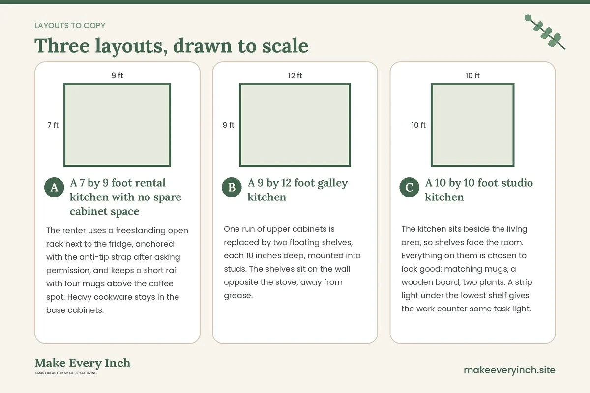 Three room layouts drawn to scale with dimensions and placement notes for: Small Kitchen Ideas with Open Shelving