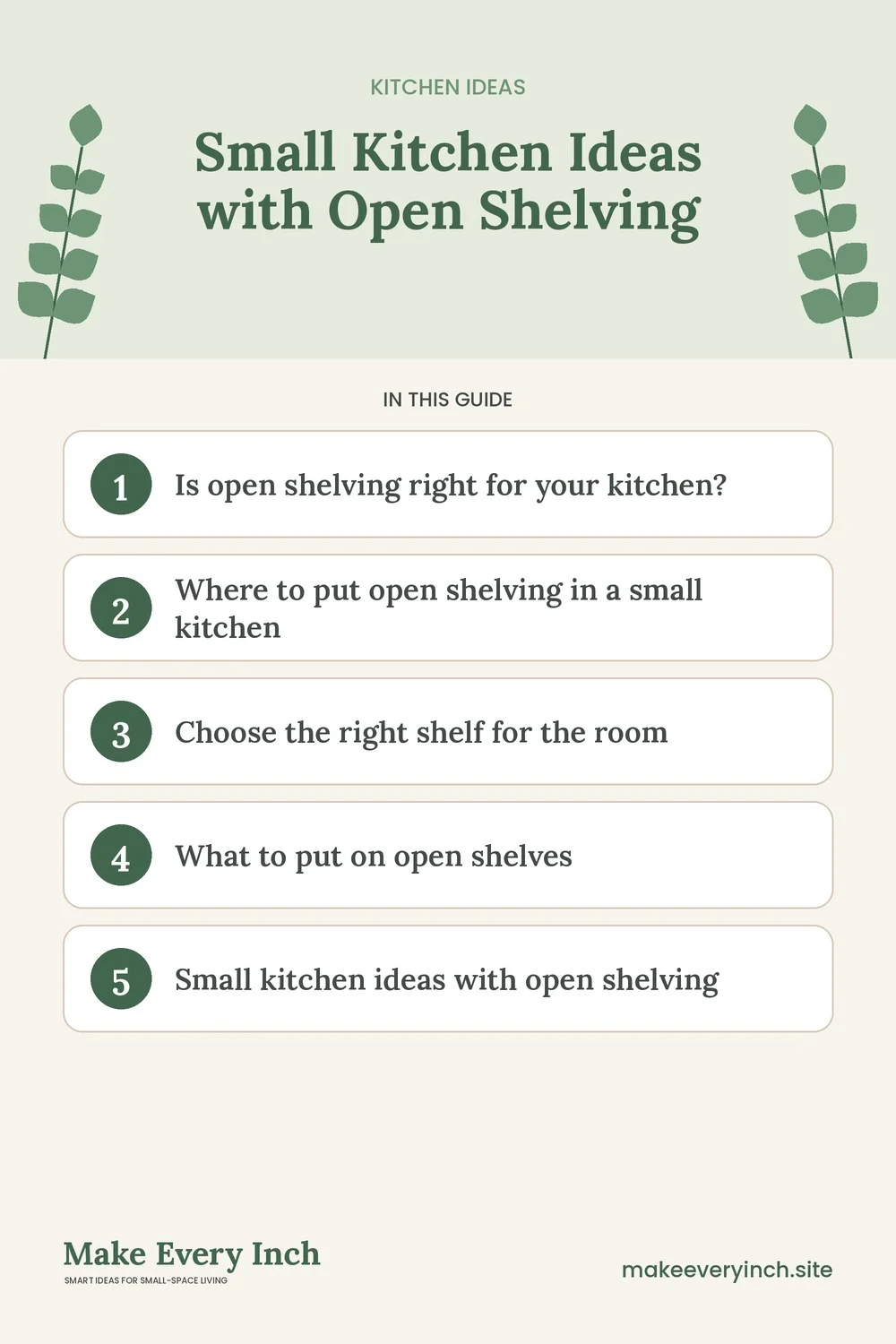 Pinterest pin listing the main topics in: Small Kitchen Ideas with Open Shelving