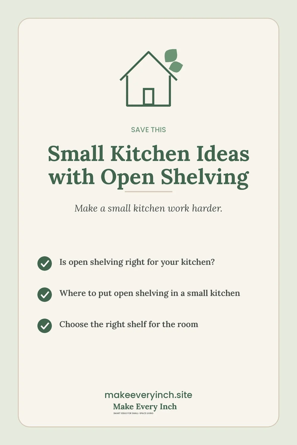 Save-this Pinterest pin with a short checklist for: Small Kitchen Ideas with Open Shelving