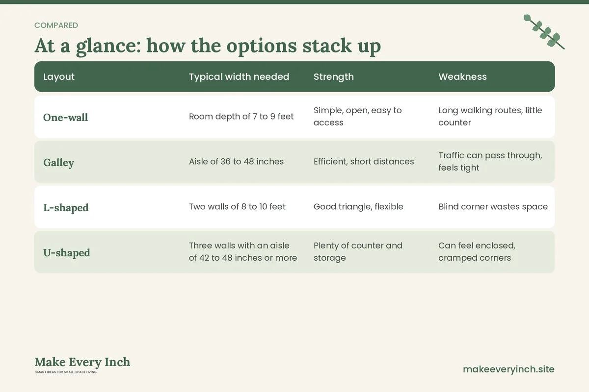 Comparison table of options for: Small Kitchen Layout Ideas for Better Workflow (Layout, Typical width needed, Strength, Weakness)