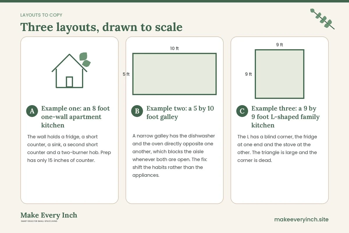 Three room layouts drawn to scale with dimensions and placement notes for: Small Kitchen Layout Ideas for Better Workflow