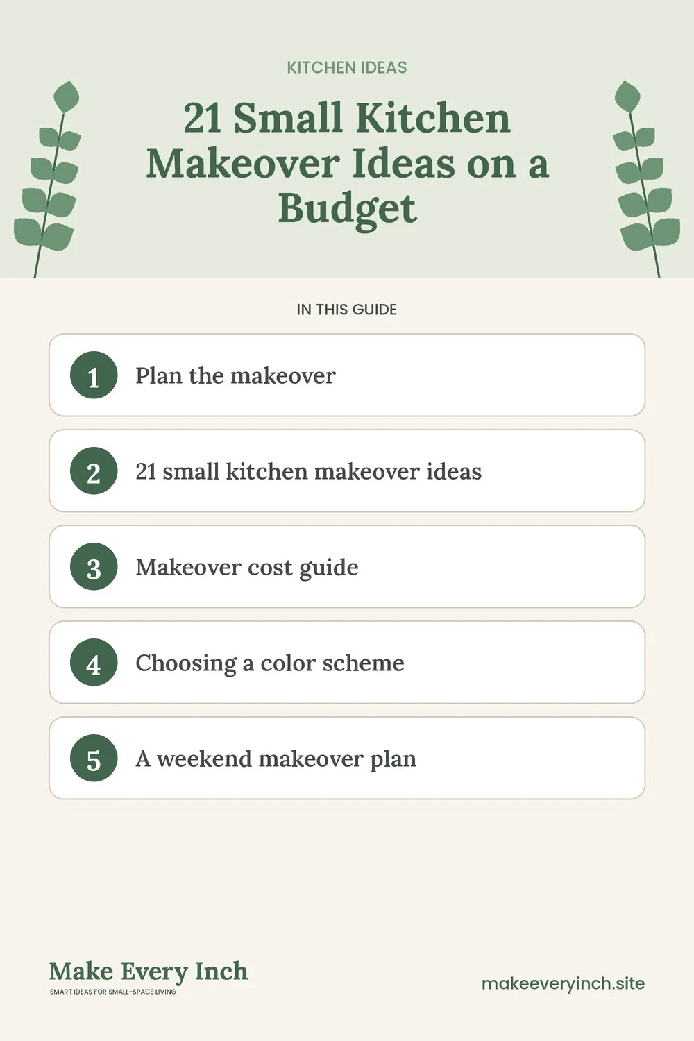 Pinterest pin listing the main topics in: 21 Small Kitchen Makeover Ideas on a Budget