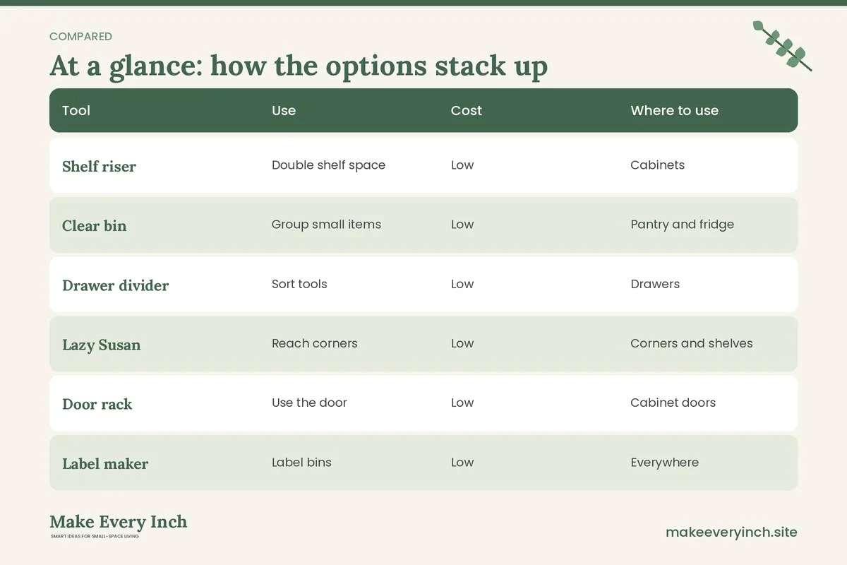 Comparison table of options for: 21 Small Kitchen Organization Ideas for a Clutter-Free Space (Tool, Use, Cost, Where to use)