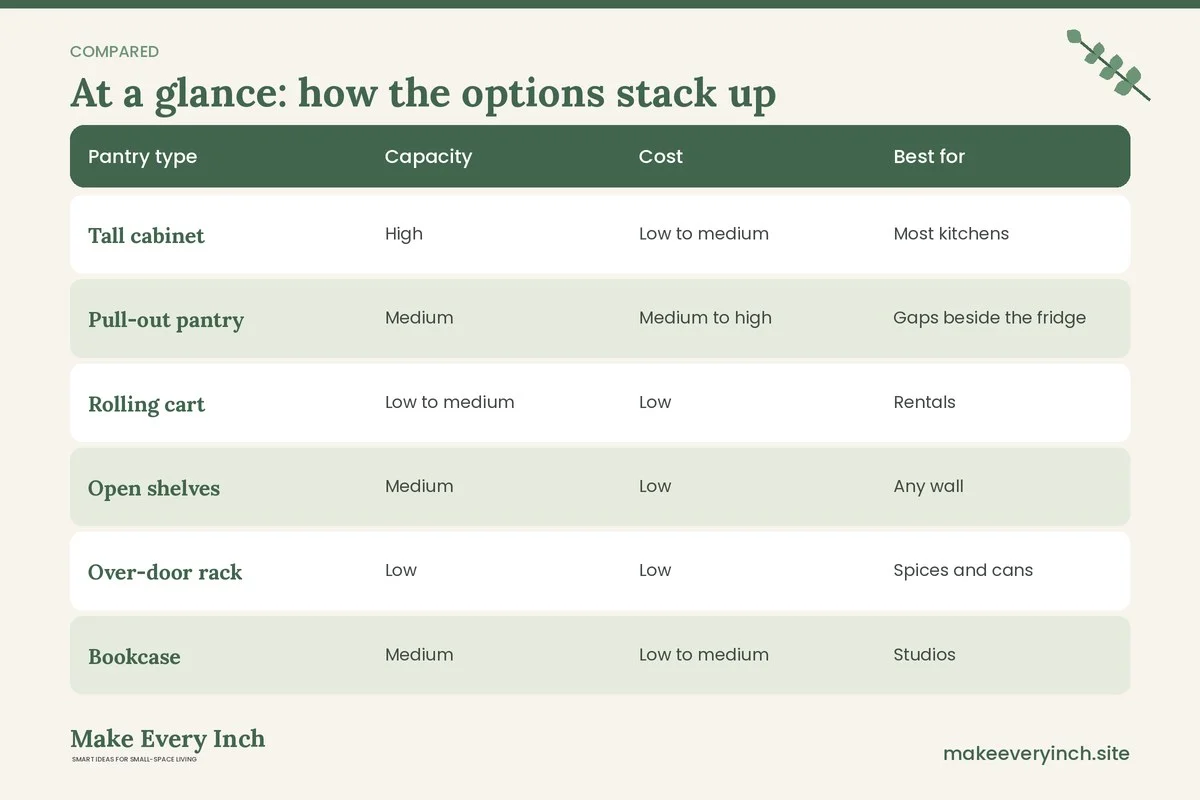 Comparison table of options for: 21 Small Kitchen Pantry Ideas for Kitchens With No Pantry (Pantry type, Capacity, Cost, Best for)