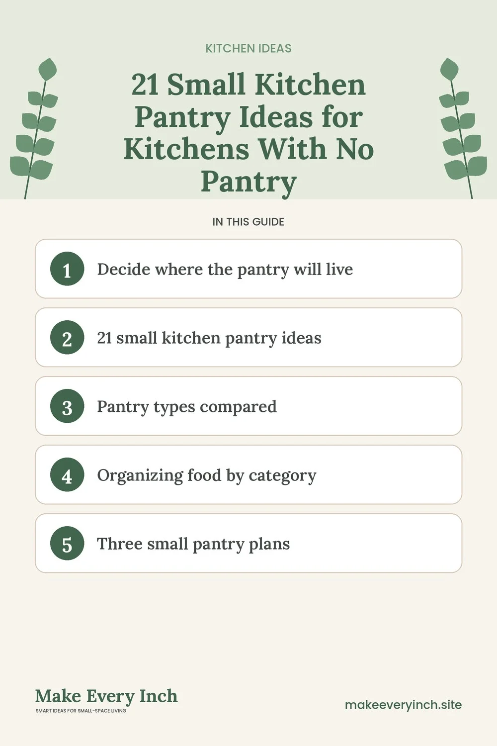 Pinterest pin listing the main topics in: 21 Small Kitchen Pantry Ideas for Kitchens With No Pantry