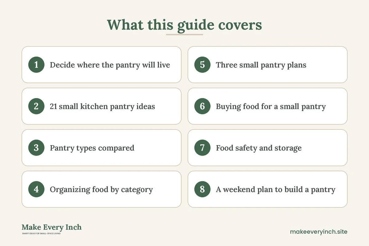 Graphic listing 8 topics covered in: 21 Small Kitchen Pantry Ideas for Kitchens With No Pantry