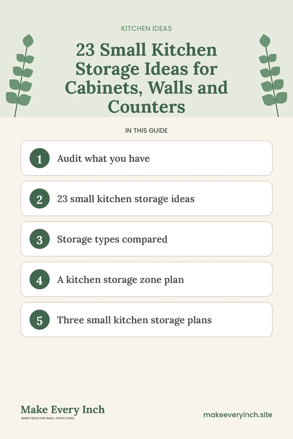 Pinterest pin listing the main topics in: 23 Small Kitchen Storage Ideas for Cabinets, Walls and Counters