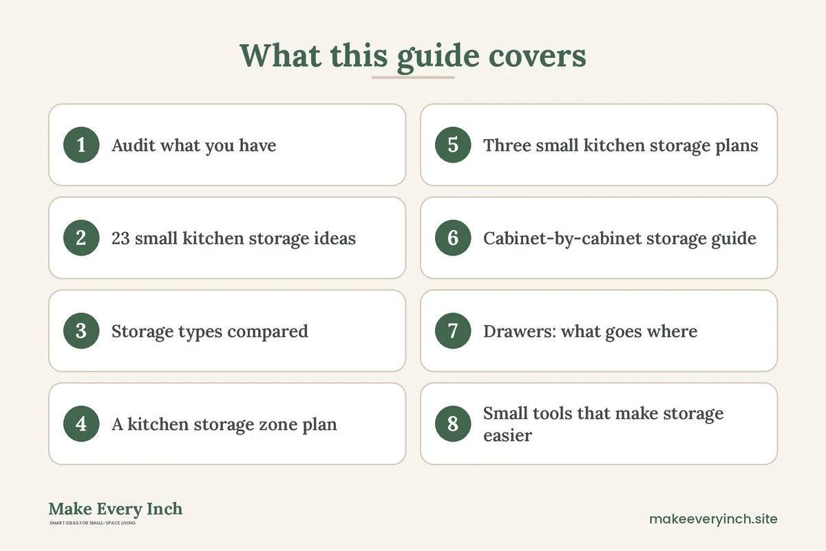 Graphic listing 8 topics covered in: 23 Small Kitchen Storage Ideas for Cabinets, Walls and Counters