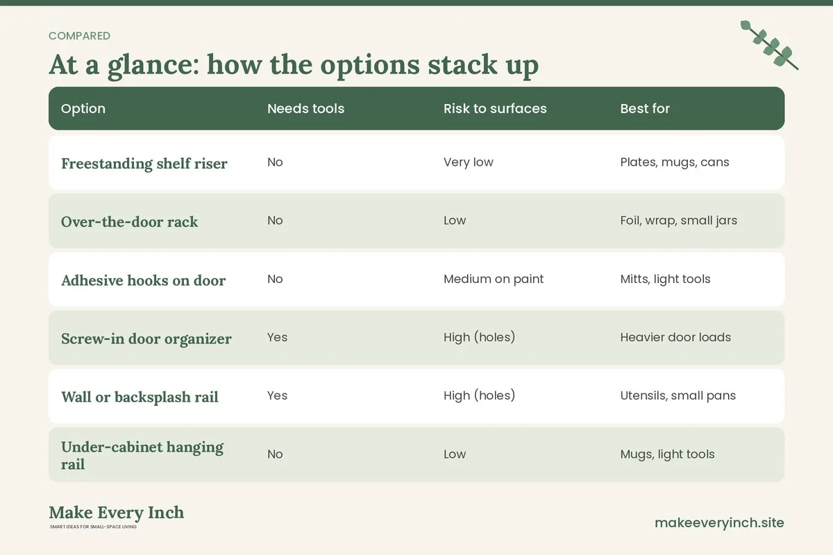 Comparison table of options for: Small Kitchen Storage Ideas Without Remodeling (Option, Needs tools, Risk to surfaces, Best for)