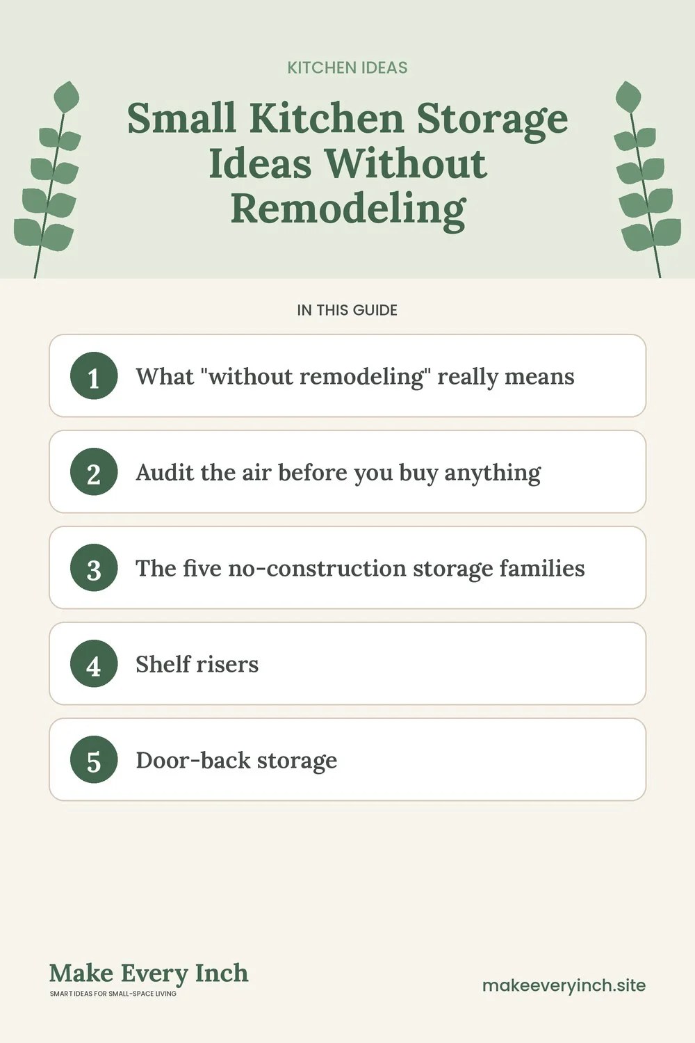 Pinterest pin listing the main topics in: Small Kitchen Storage Ideas Without Remodeling