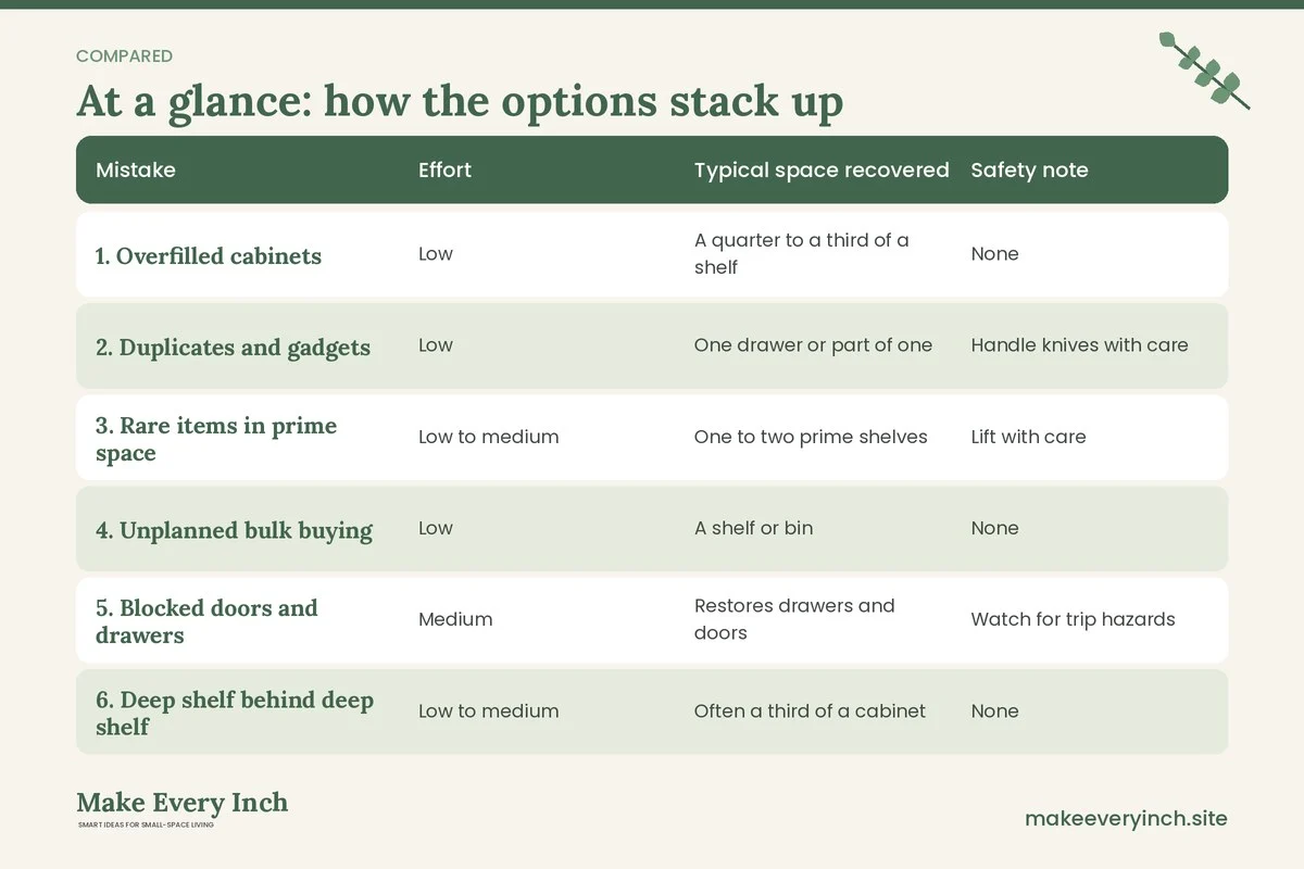 Comparison table of options for: Small Kitchen Storage Mistakes to Avoid (Mistake, Effort, Typical space recovered, Safety note)