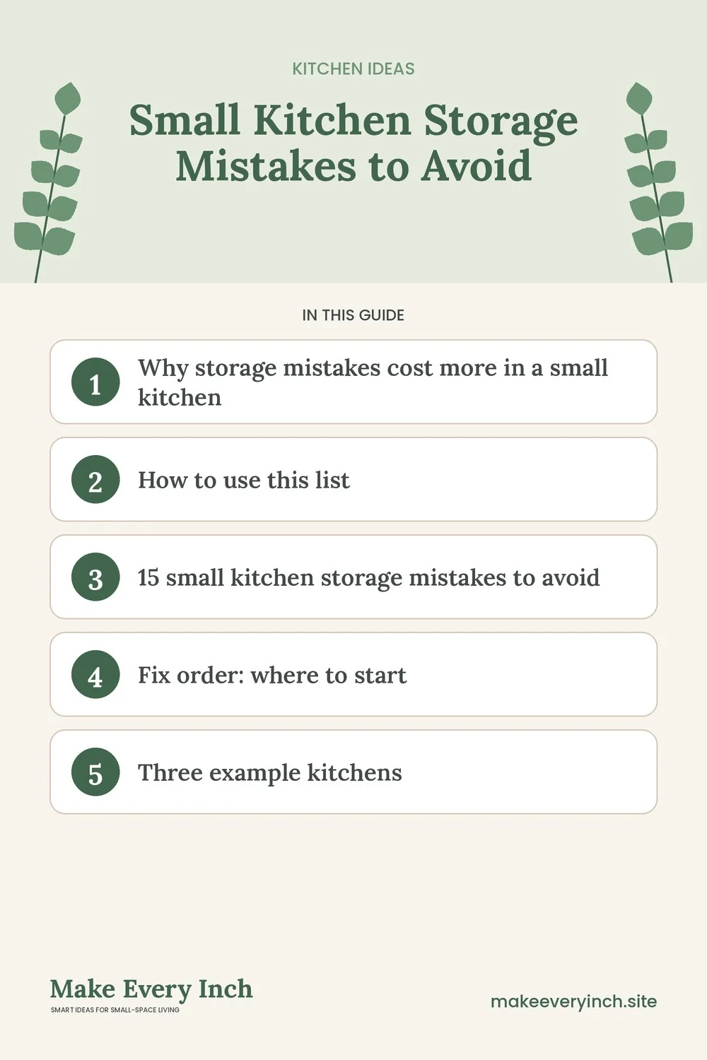 Pinterest pin listing the main topics in: Small Kitchen Storage Mistakes to Avoid
