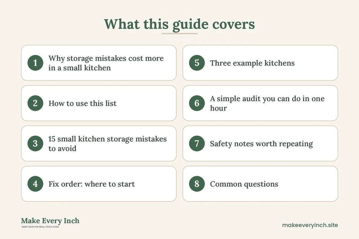 Graphic listing 8 topics covered in: Small Kitchen Storage Mistakes to Avoid