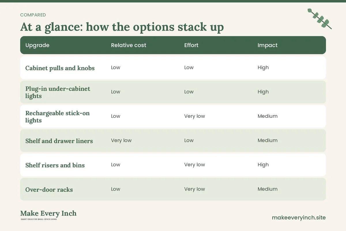 Comparison table of options for: Small Kitchen Upgrades That Cost Very Little (Upgrade, Relative cost, Effort, Impact)