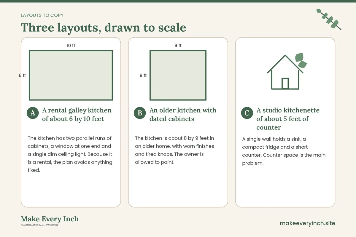 Three room layouts drawn to scale with dimensions and placement notes for: Small Kitchen Upgrades That Cost Very Little