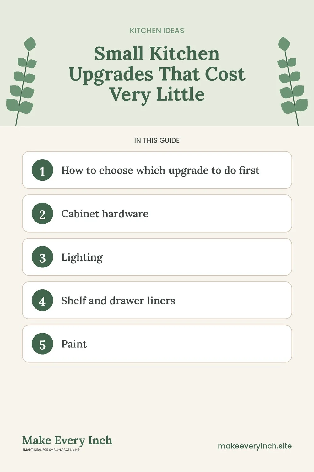 Pinterest pin listing the main topics in: Small Kitchen Upgrades That Cost Very Little