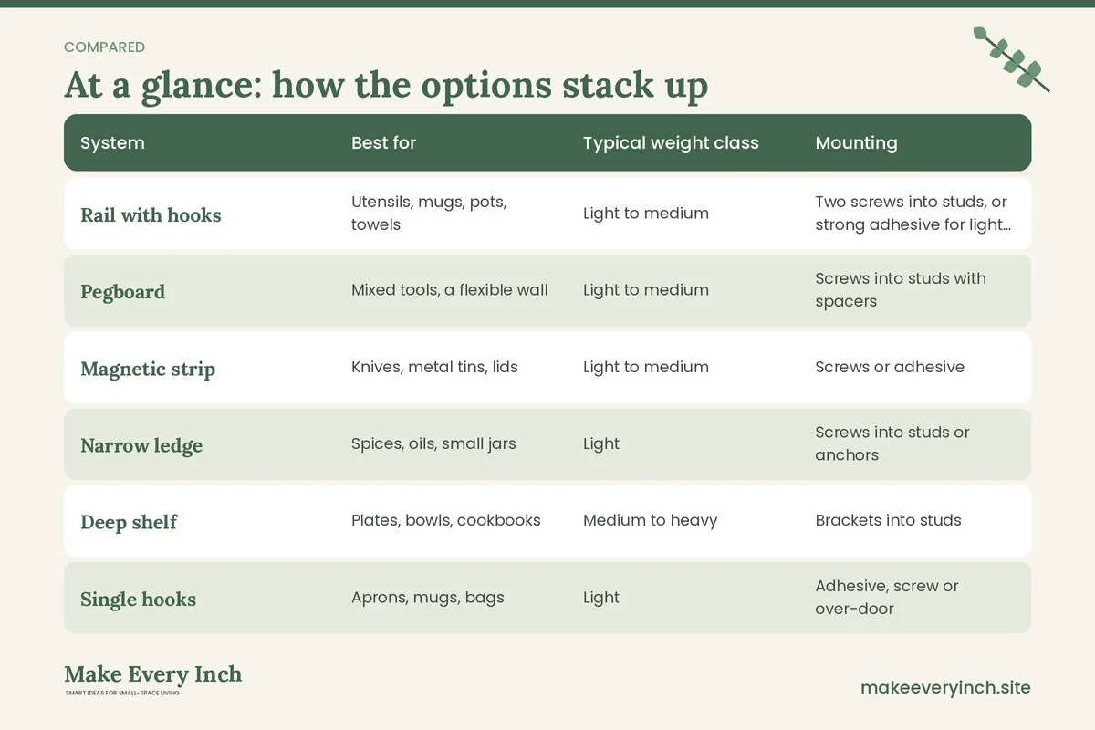 Comparison table of options for: Small Kitchen Wall Storage Ideas (System, Best for, Typical weight class, Mounting)