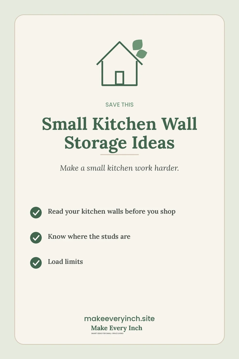 Save-this Pinterest pin with a short checklist for: Small Kitchen Wall Storage Ideas