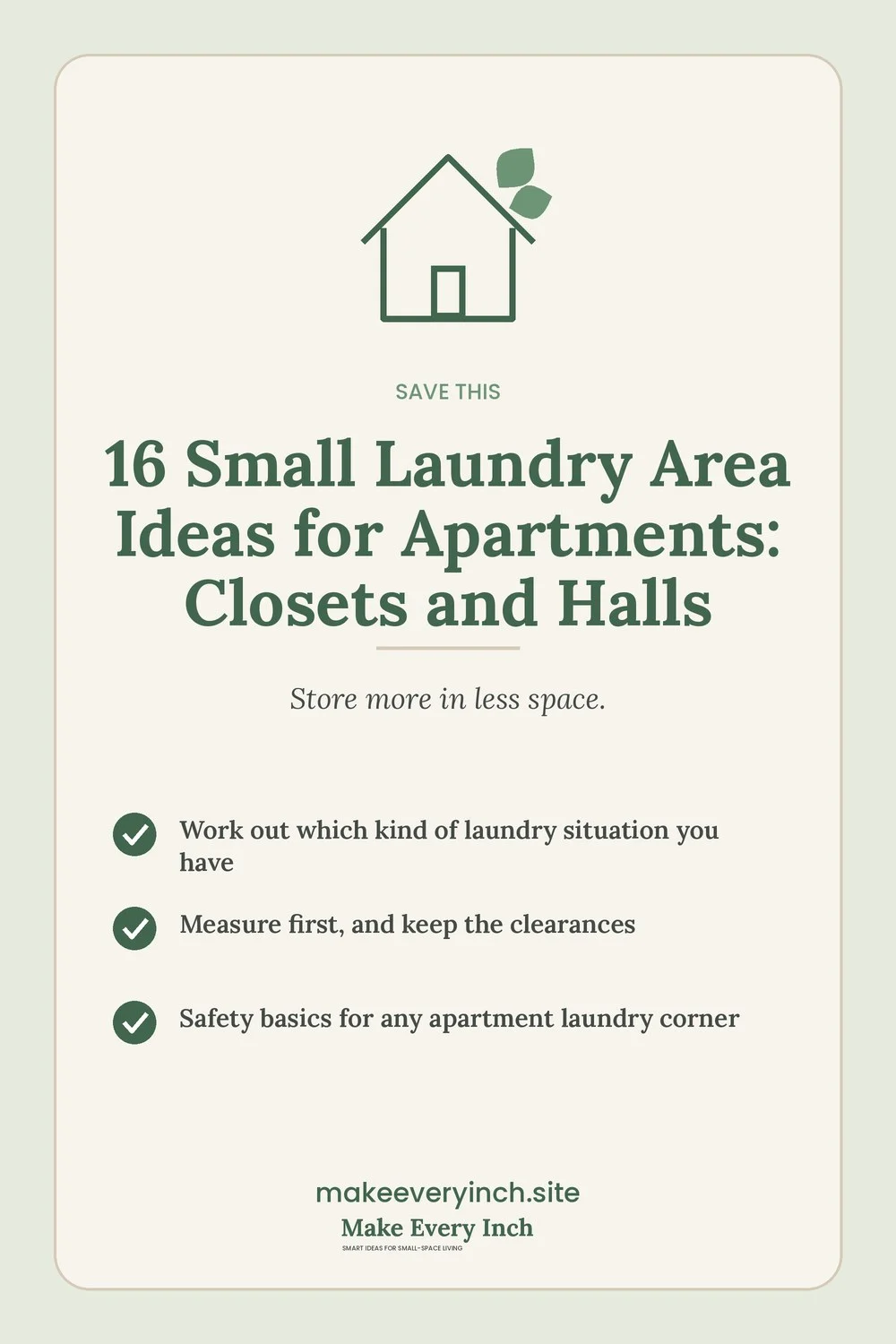 Save-this Pinterest pin with a short checklist for: 16 Small Laundry Area Ideas for Apartments
