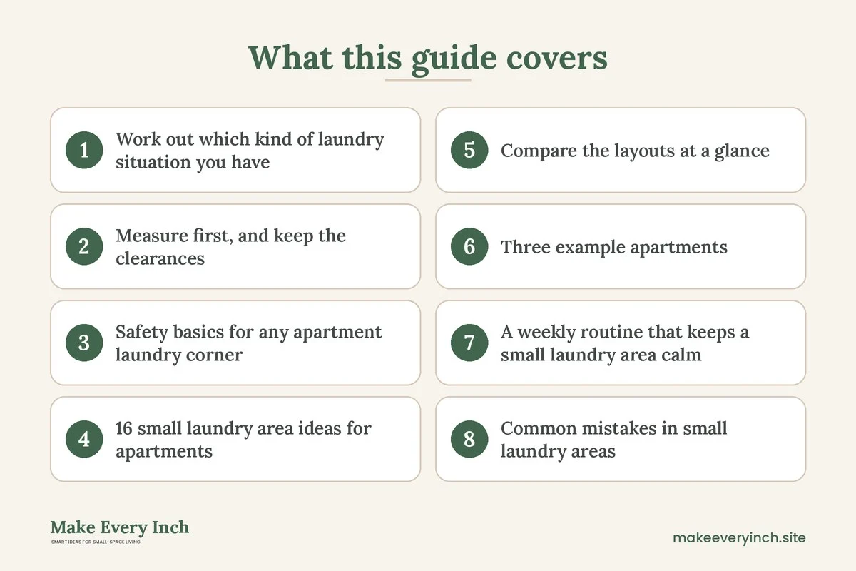 Graphic listing 8 topics covered in: 16 Small Laundry Area Ideas for Apartments