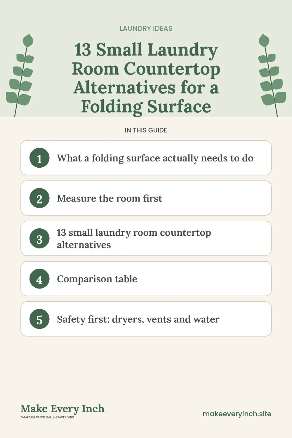 Pinterest pin listing the main topics in: 13 Small Laundry Room Countertop Alternatives for a Folding Surface