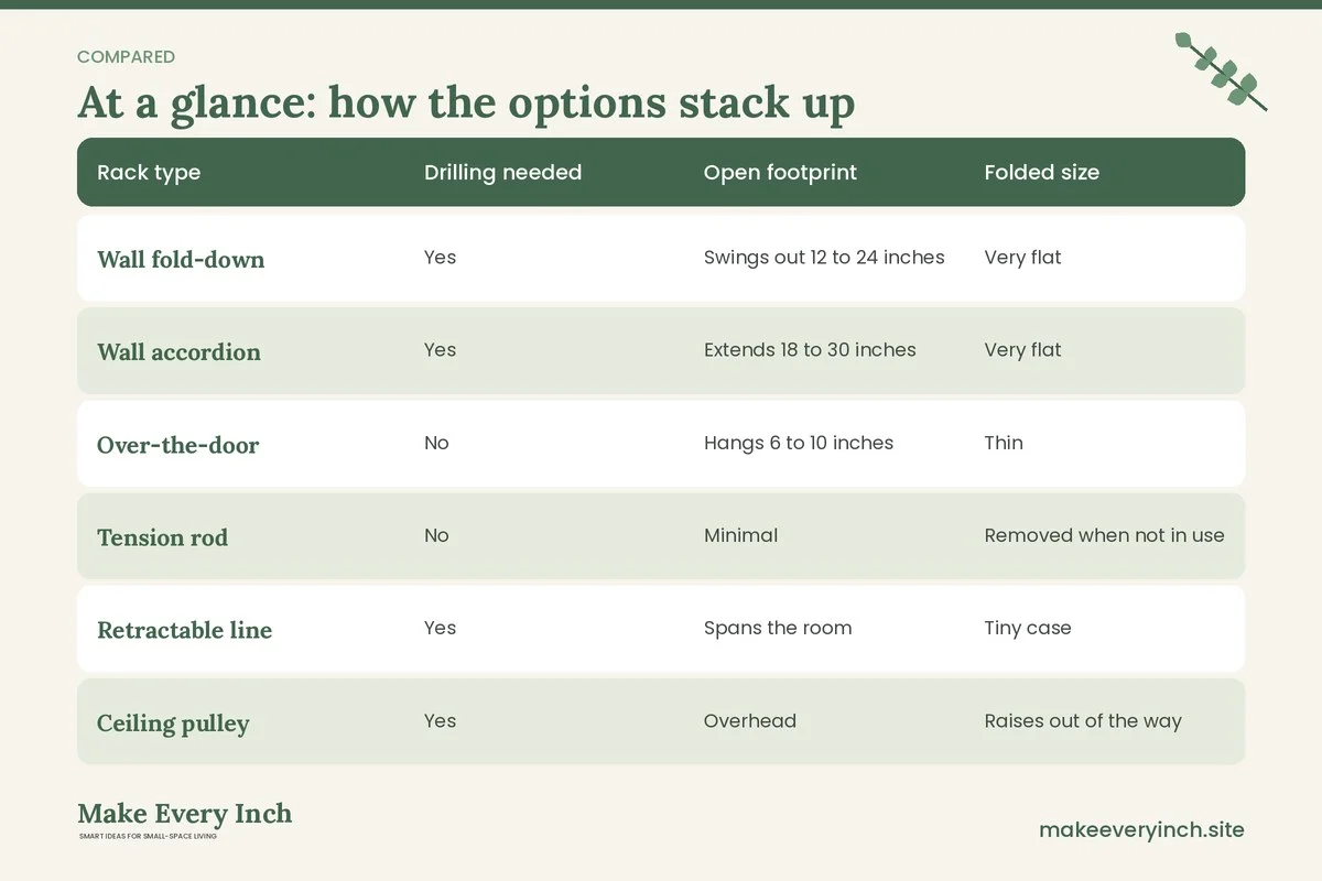 Comparison table of options for: 11 Small Laundry Room Drying Rack Ideas for Tight Spaces (Rack type, Drilling needed, Open footprint, Folded size)