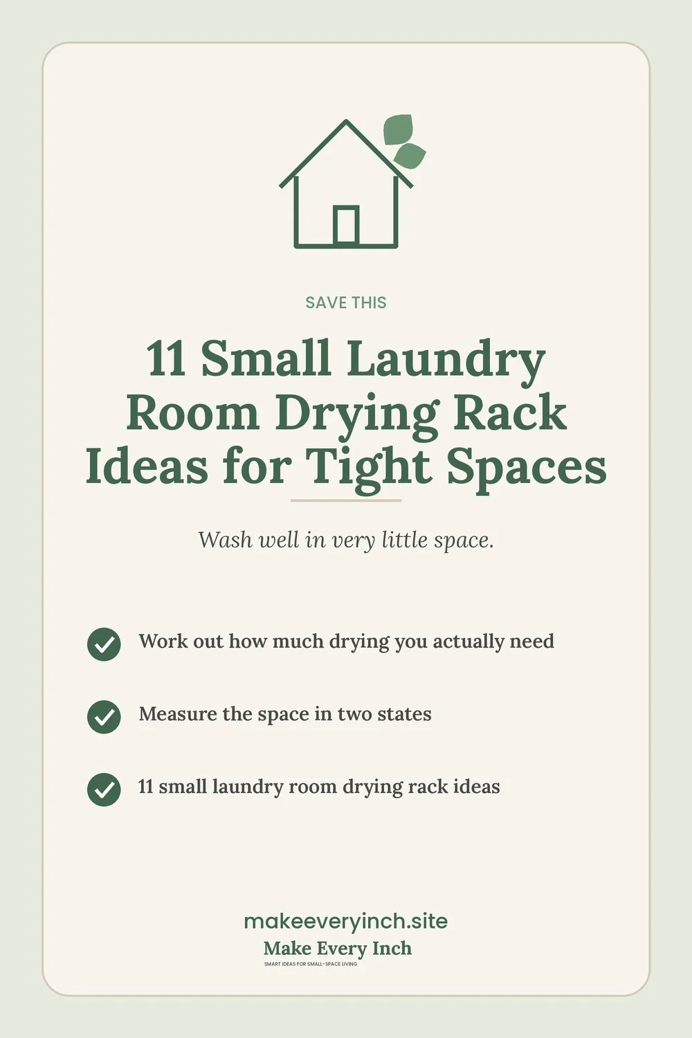 Save-this Pinterest pin with a short checklist for: 11 Small Laundry Room Drying Rack Ideas for Tight Spaces