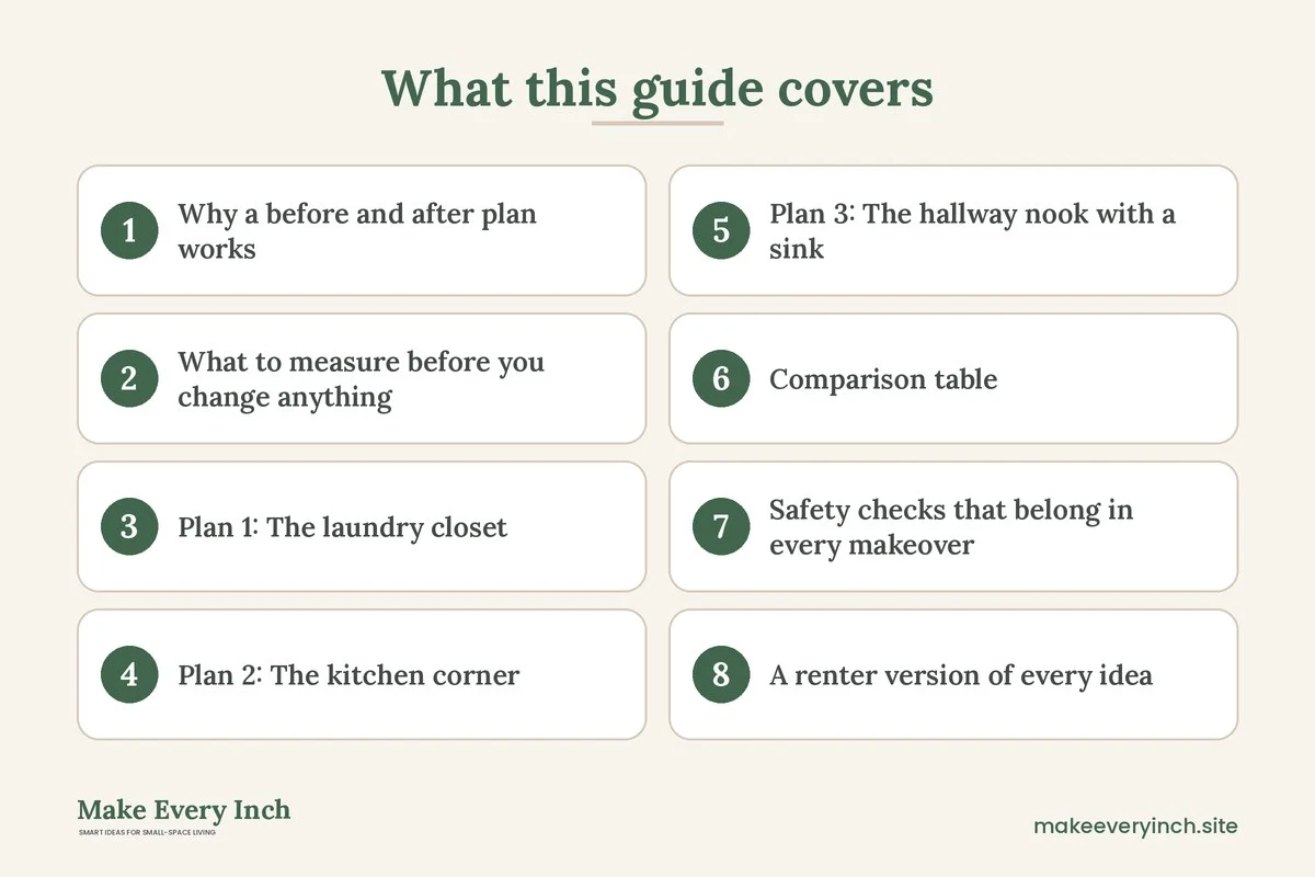 Graphic listing 8 topics covered in: Small Laundry Room Ideas Before and After