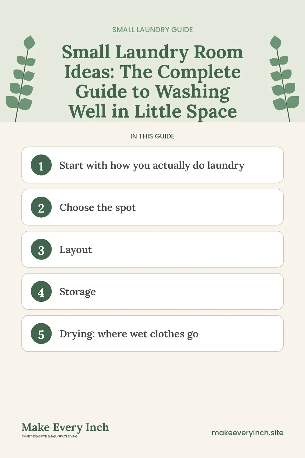 Pinterest pin listing the main topics in the small laundry room ideas guide