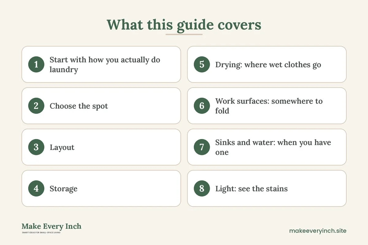 Graphic listing 8 topics covered in the small laundry room ideas guide