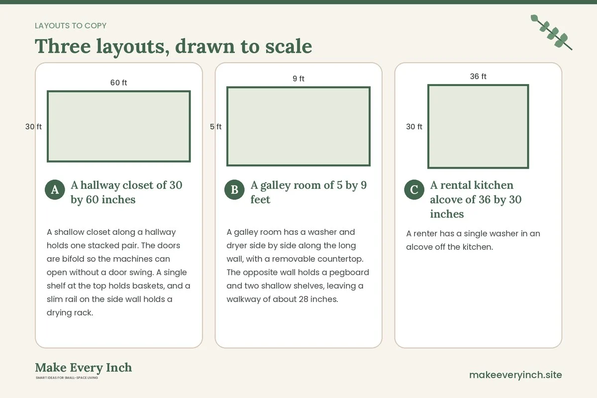 Three room layouts drawn to scale with dimensions and placement notes for: 13 Small Laundry Room Ideas for Narrow Spaces
