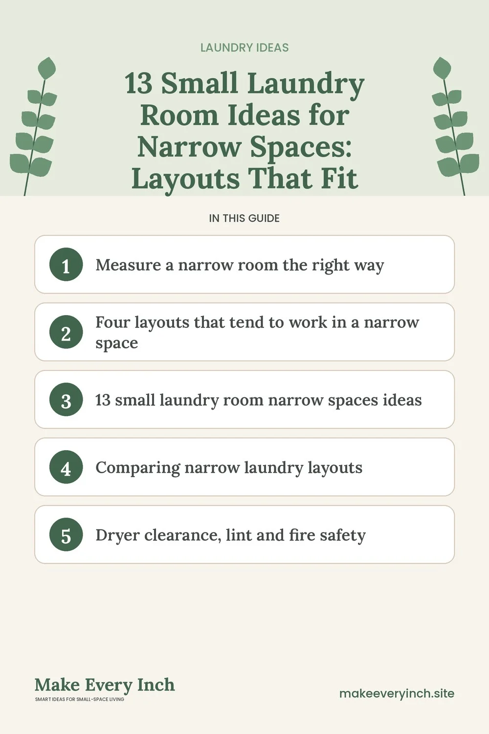 Pinterest pin listing the main topics in: 13 Small Laundry Room Ideas for Narrow Spaces