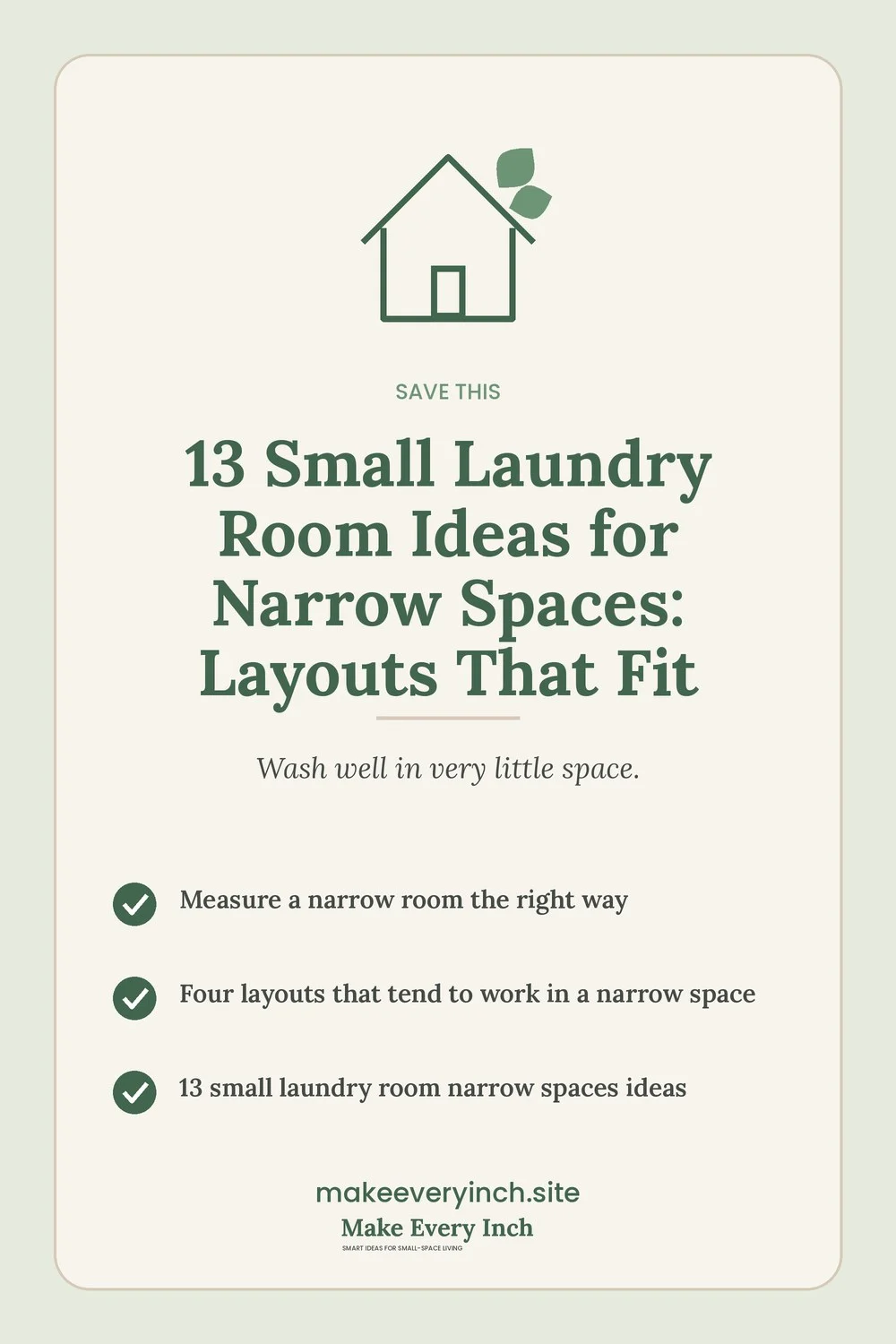 Save-this Pinterest pin with a short checklist for: 13 Small Laundry Room Ideas for Narrow Spaces