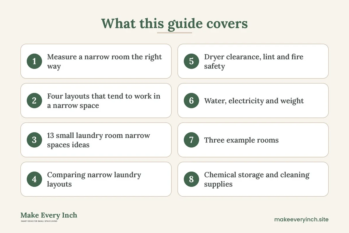 Graphic listing 8 topics covered in: 13 Small Laundry Room Ideas for Narrow Spaces