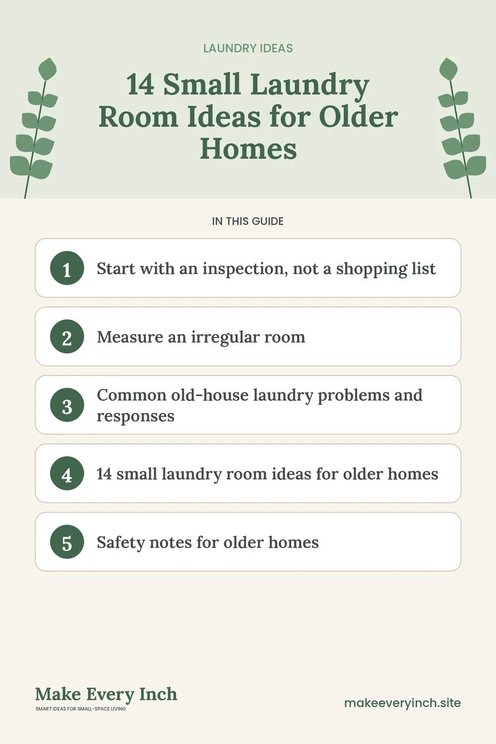 Pinterest pin listing the main topics in: 14 Small Laundry Room Ideas for Older Homes